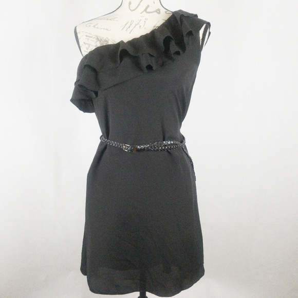 NWT Guess One Shoulder Dress Ruffle Black Large - Picture 2 of 4